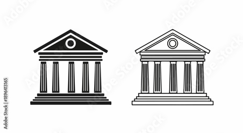 Vector black bank building icon set with columns, courthouse, museum, government institution symbol isolated on white