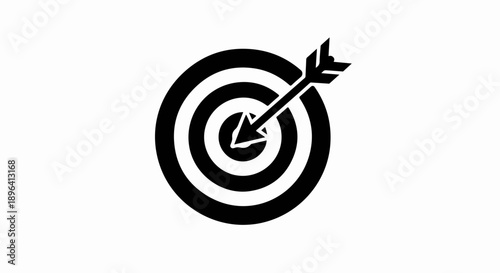 Black target with arrow hitting bullseye vector icon, success goal achievement symbol isolated on white