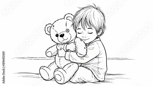 Young child hugging a teddy bear with eyes closed.