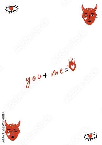 Valentine Card with You + Me Text and Cute Romantic Illustration with Charming Devils and Hearts