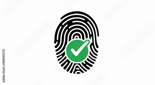 Fingerprint biometric security icon with green check mark, vector illustration isolated on white