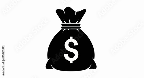 Black money bag with dollar sign vector icon, financial success symbol, isolated on white