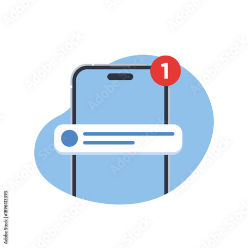 Unread message concept with one new notification displayed on a smartphone screen, flat design vector illustration.