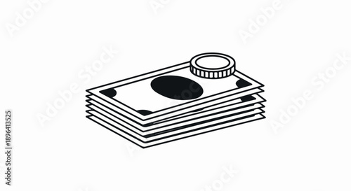 Stack of dollar bills and coin vector icon, black and white money currency symbol, financial graphic element isolated on white