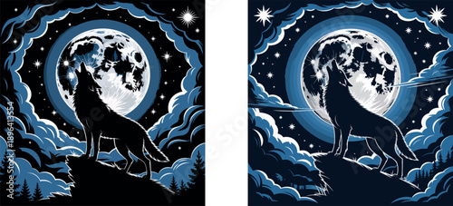 Two howling wolves under a full moon in the night sky wolf clouds stars