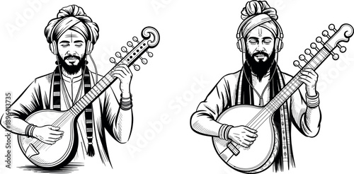 Two indian musicians playing stringed instruments with headphones man with beard turban