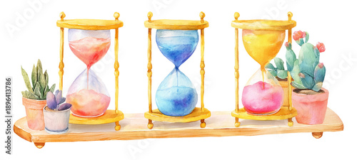 Beautiful Watercolor Hourglass Arrangement with Plants and Vibrant Sand Colors