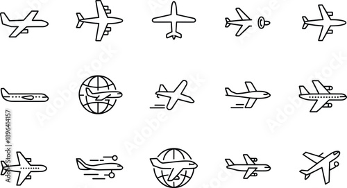 Airplane icon set, aviation line symbols, flying aircraft vectors, travel and transportation clipart, jet outline illustration collection
