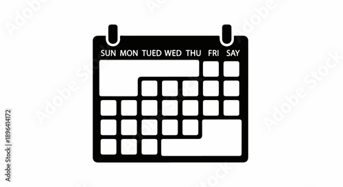 Black vector calendar icon with week days, schedule planner symbol, isolated on white