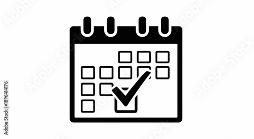 Black vector calendar icon with checkmark, date selection, appointment scheduling, event planning symbol isolated on white