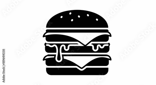 Black vector double cheeseburger icon with melting cheese and sesame seeds, isolated on white