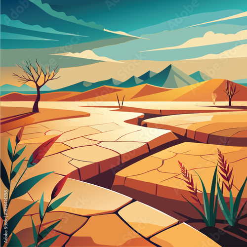 Arid landscape with cracked earth and drought stressed vegetation