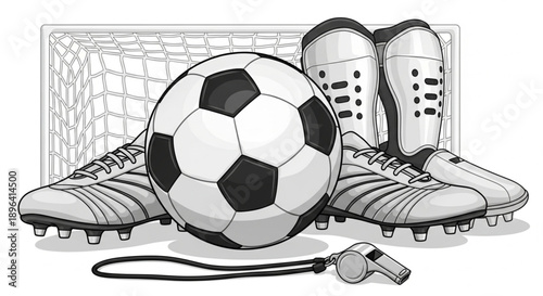 Complete Soccer Gear Set Grayscale Illustration