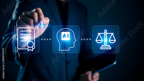 Fotografía Businessman using stylus on virtual screen with AI, Document, and Scales of Justice icons