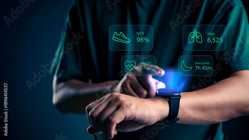 Quadro su tela Man using smartwatch with holographic interface showing heart rate SpO2 and steps data