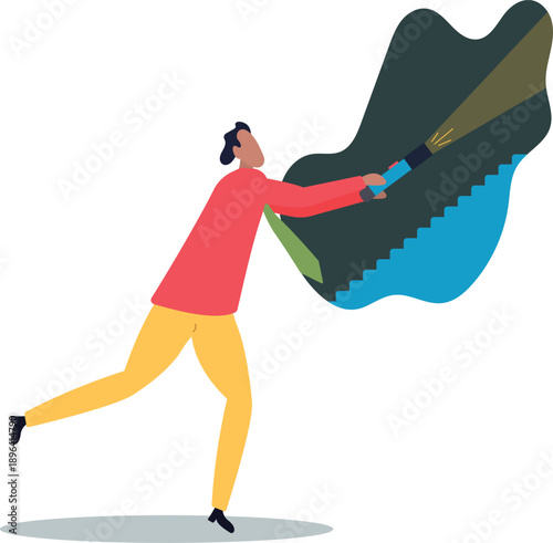 A businessman runs up the career ladder, illuminating his dark path with a flashlight.