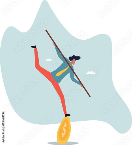 A businessman keeps a balance on a coin, the concept of profit and income retention.