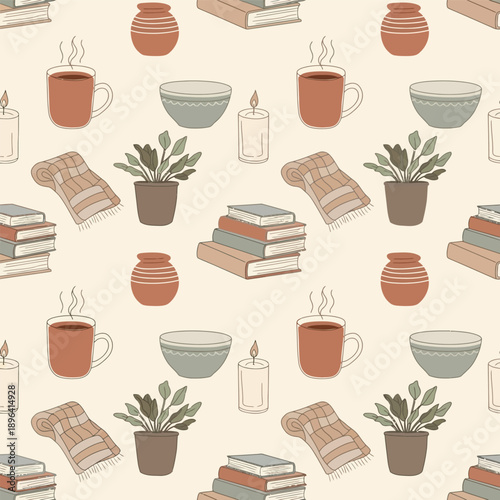 Vector illustration set of plants in pots featuring coffee mugs and tea cups for a café breakfast menu design