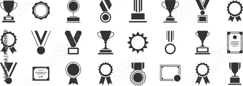Award trophy, medal, certificate, and ribbon icons set – black achievement symbols for competition, victory, and recognition designs