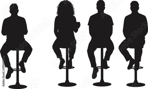 Bar stool silhouettes, seated figures, posture icons, cad drawing flat vector illustration, black human shapes, minimalistic sitting graphics