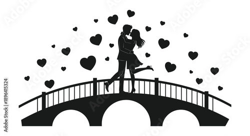 A silhouetted couple embraces on a bridge surrounded by numerous heart shapes in a romantic scene high quality