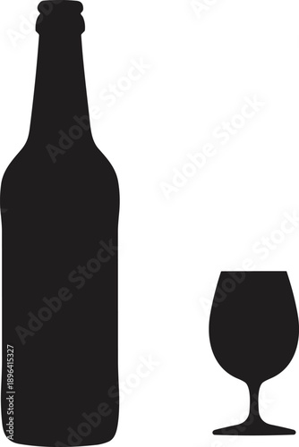 Beer bottle and glass silhouette vector illustration, black flat alcohol drink icon, minimal brewery beverage design isolated