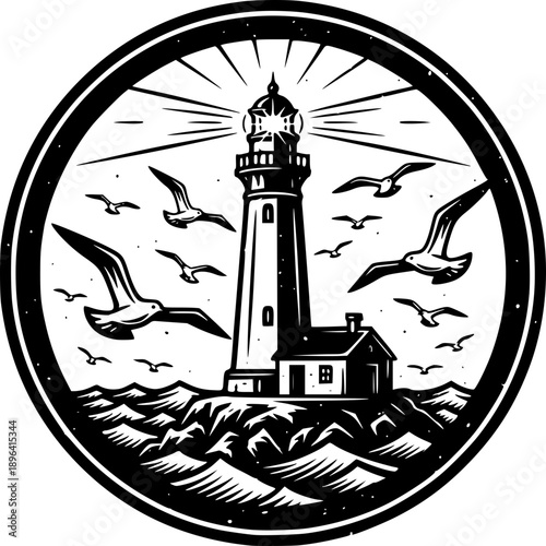 A vintage lighthouse silhouette vector illustration stands as a beacon tower landmark against a white background, symbolising a travel architecture stamp over the sea