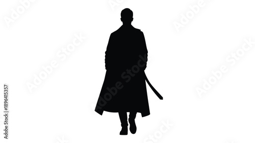 a person in a long coat walking forward a striking silhouette