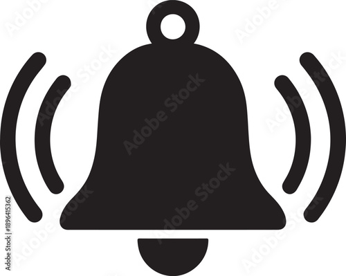 Black ringing bell silhouette icon with sound waves for notification and alarm symbol vector design.