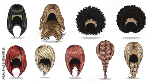 Collection of diverse hairstyles and wigs for women.
