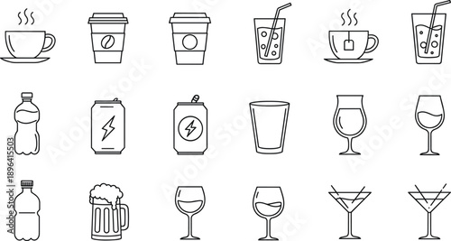 Beverage line icons set – coffee, tea, soda, water bottles, energy drinks, wine, beer, cocktail glass illustrations