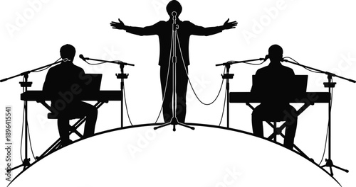Black silhouette of musical band performing on stage with singer at microphone and two keyboard players for concert live event worship and entertainment concepts