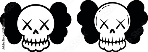 Black and white skulls with x eyes and clouds cartoon