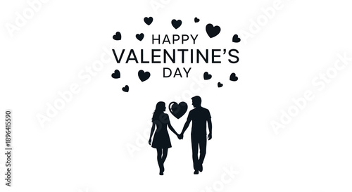 A simple graphic displays happy valentine s day with silhouettes of a couple and scattered hearts high quality professional