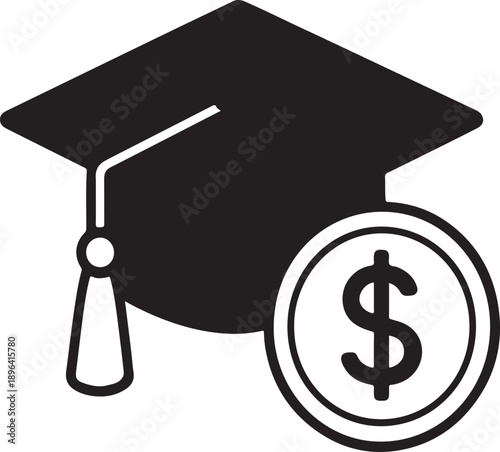 Graduation cap with dollar sign icon representing education cost, student debt, and scholarship aid