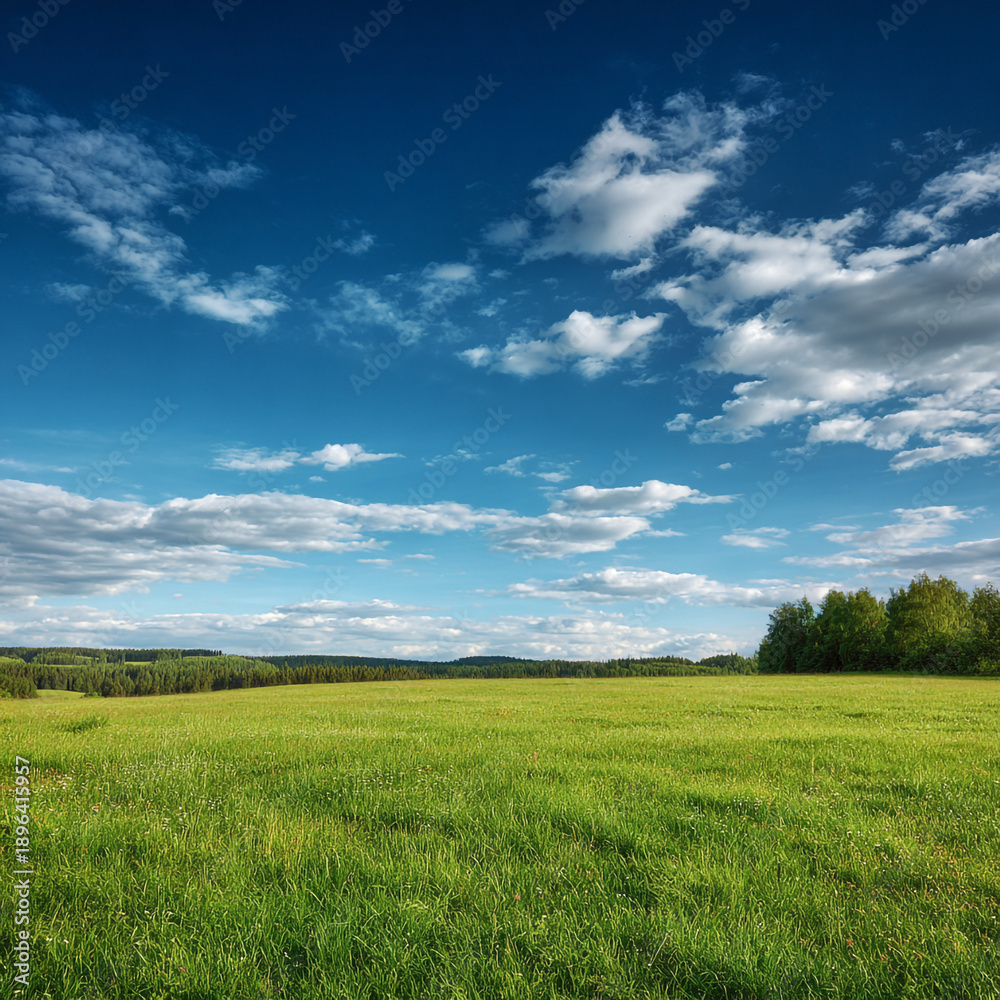 Obraz premium Vast green meadow under a bright blue sky with fluffy white clouds