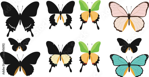 Diverse Butterfly Vector Collection Featuring Swallowtail Silhouettes and Colorful Wing Patterns for Nature Conservation, Educational Biology Projects, Spring Decor, and Wildlife Graphic Design