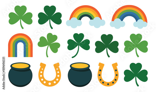Flat st. patrick’s day icons set with shamrocks, rainbows, pots of gold and horseshoes