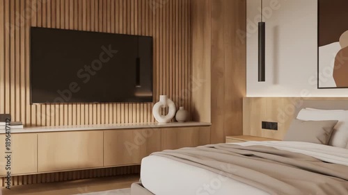 A contemporary living space featuring a wood slat accent wall behind a mounted television, a sleek media console, and a minimalist kitchenette.