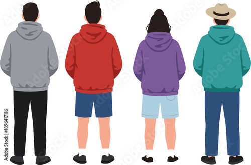 Back view of diverse people in colorful hoodies and casual outfits standing together for fashion, lifestyle, or youth culture illustration