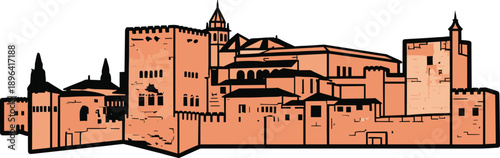 Alhambra illustration featuring Moorish architecture, battlements, arched windows, domes, Spanish heritage, historic palace, and Granada landmark vector design concept