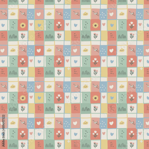 Patchwork Quilt-Style Whimsical Icons Pattern
