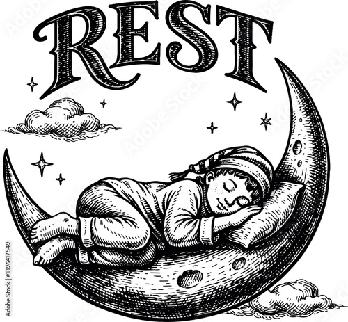 Child sleeping peacefully on a crescent moon with clouds and stars