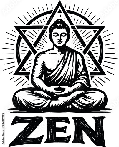 Buddha in meditation with Zen symbol and sunburst