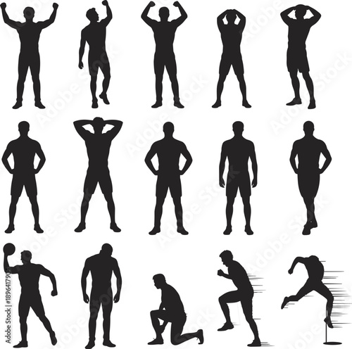 Athletic man silhouette vector set. Fitness, workout, gym, and running poses collection.