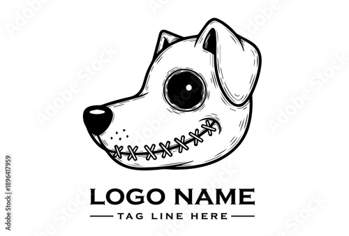 Surreal Stitched Mouth Dog Mascot Logo Vector in Black and White for Censorship Concept, Mental Health Illustration, Dark Streetwear, Tattoo Design and Alternative Branding