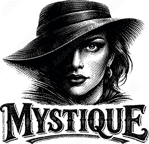 Engraved portrait of a woman wearing a wide-brimmed hat with the word "Mystique"