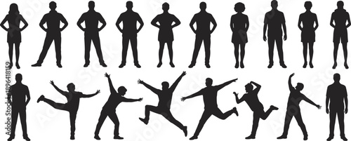 Silhouettes of people standing and jumping in different poses, showing human body movements, active lifestyle, energy, fun, fitness, and dynamic motion concepts in modern life.