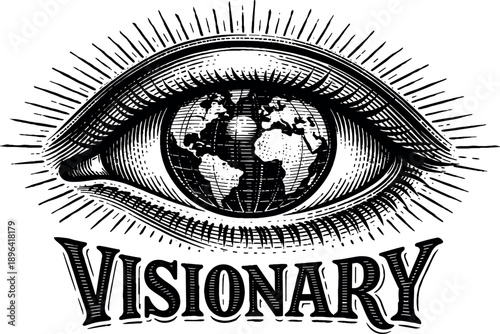 All-seeing eye with globe and visionary text engraving