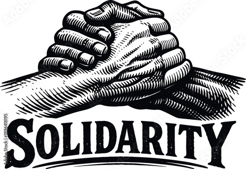 Two hands clasped in a strong handshake with the word Solidarity